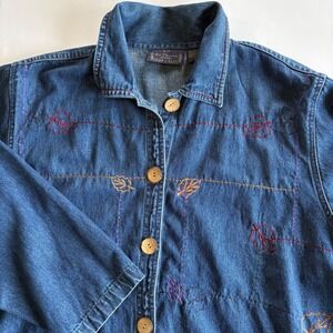 New Direction Women's 3X Vintage Y2K Denim Shacket Fall Leaves Embroidered